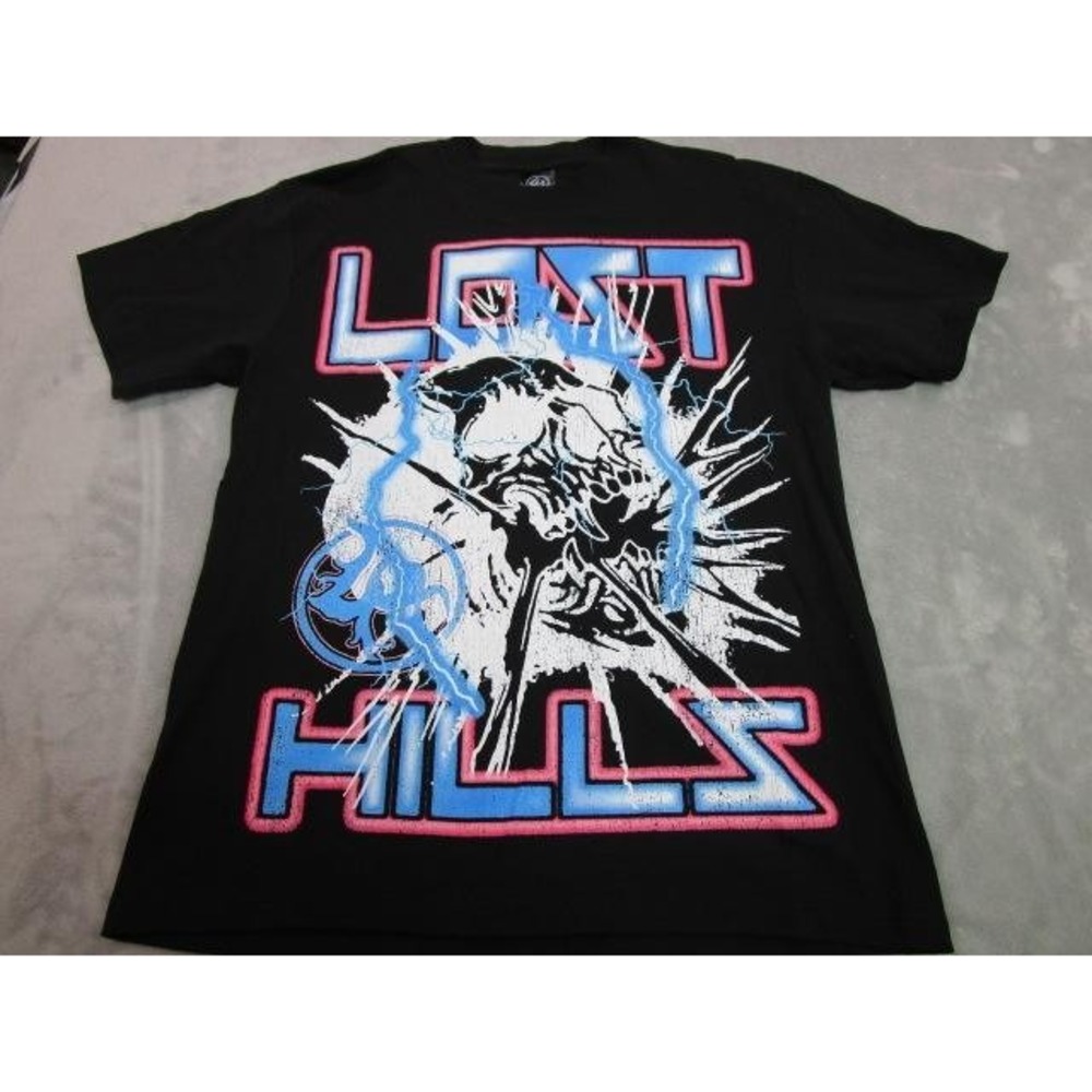 Lost Hills Shirt Mens Large Black Skull Lightning Logo Graphic Tee Made USA